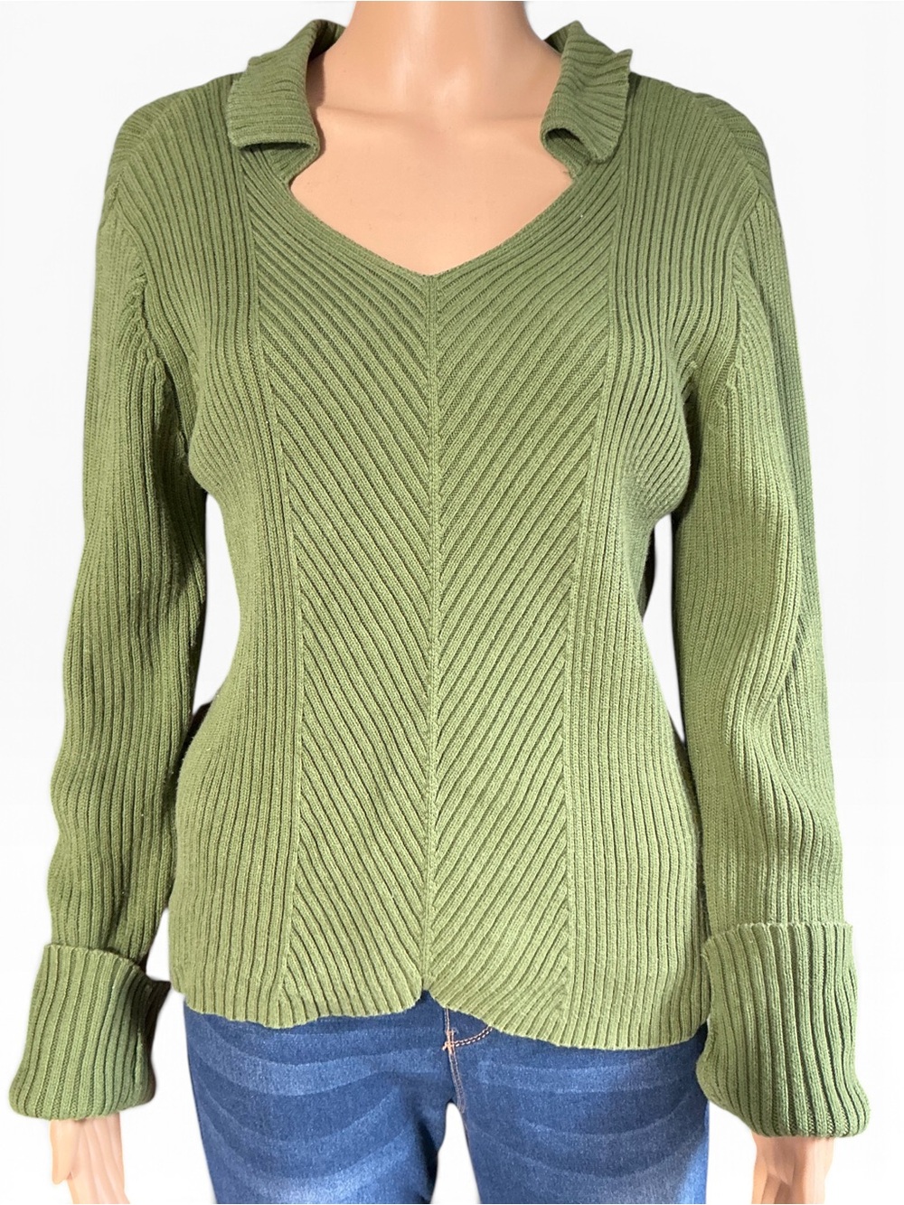 Liz Claiborne Villager Sport Olive Green Ribbed V-Neck Sweater